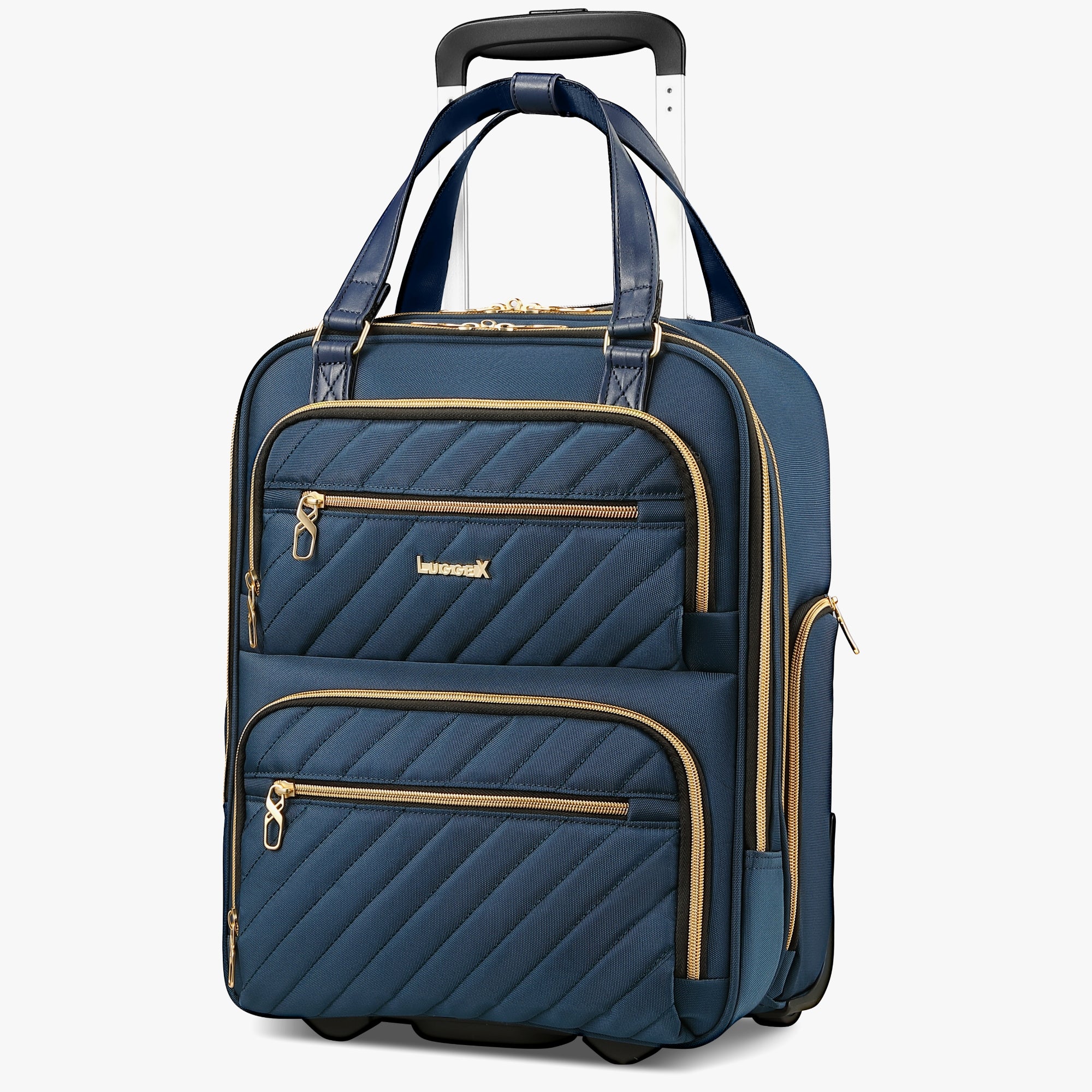 LUGGEX 16-inch airline-approved underseat carry-on luggage with wheels, featuring a laptop compartment and silent spinner wheels for smooth travel. #color-blue