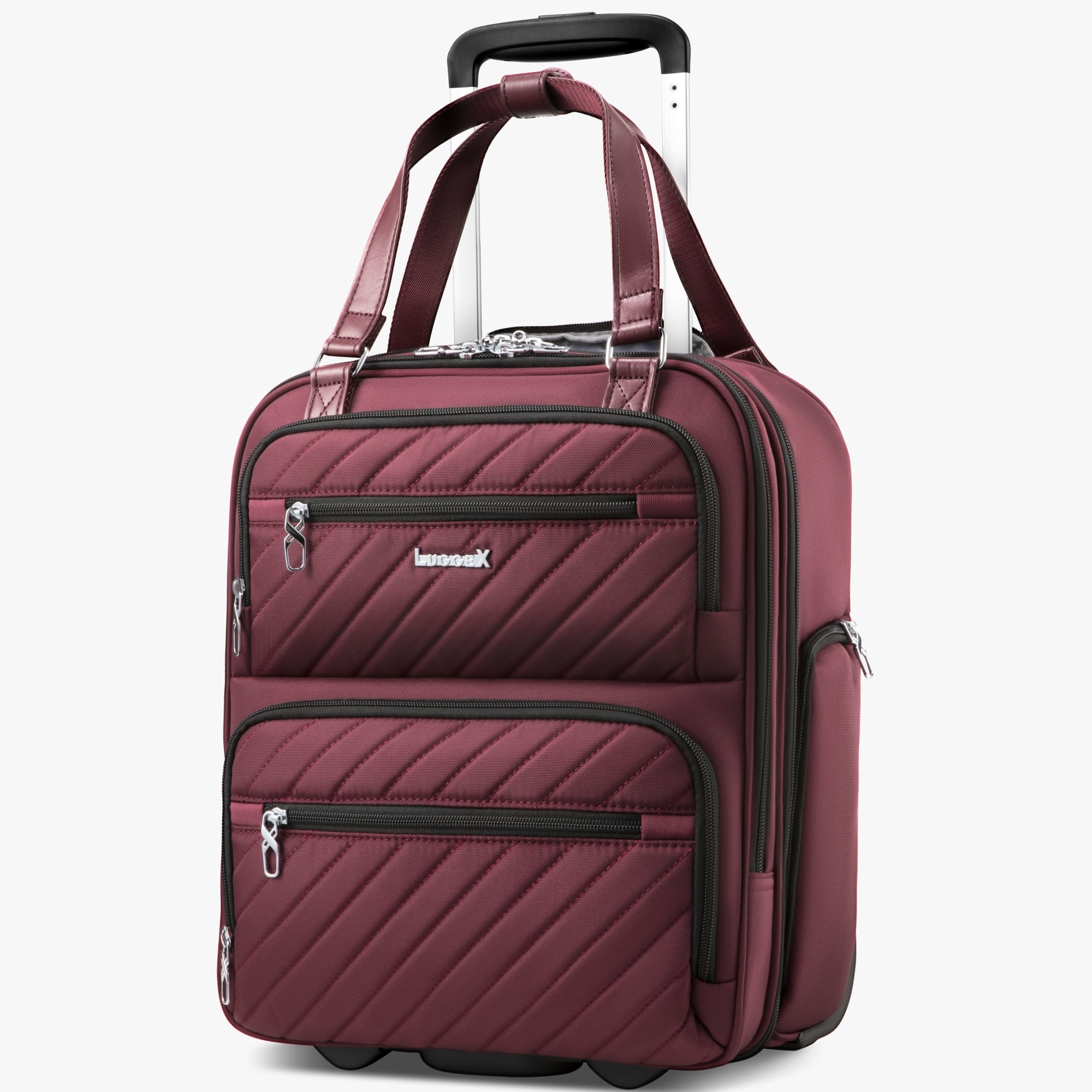 LUGGEX 16-inch airline-approved underseat carry-on luggage with wheels, featuring a laptop compartment and silent spinner wheels for smooth travel. #color-cherry-red