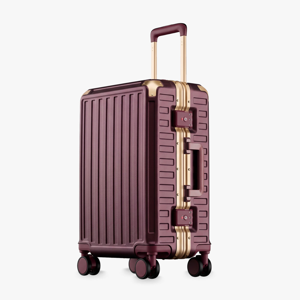 Front view of a carry-on suitcase with a 100% polycarbonate shell, designed for lightweight durability and impact resistance. " #color_cherry