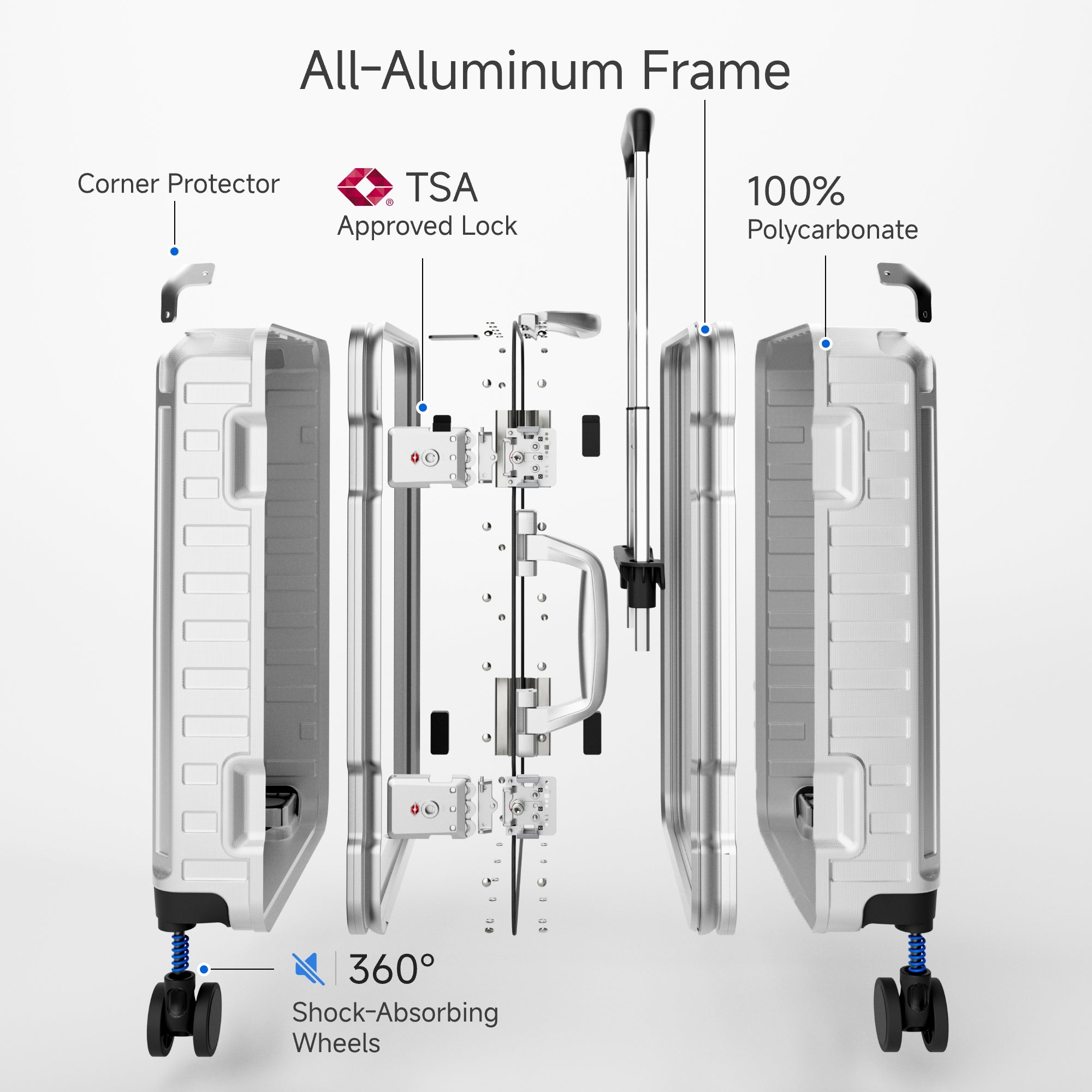 Exploded side view of LUGGEX ZX Series aluminum-frame zipperless suitcase showing 100% polycarbonate shell, TSA-approved lock, corner protector, and 360° shock-absorbing wheels.
#color-sliver-grey