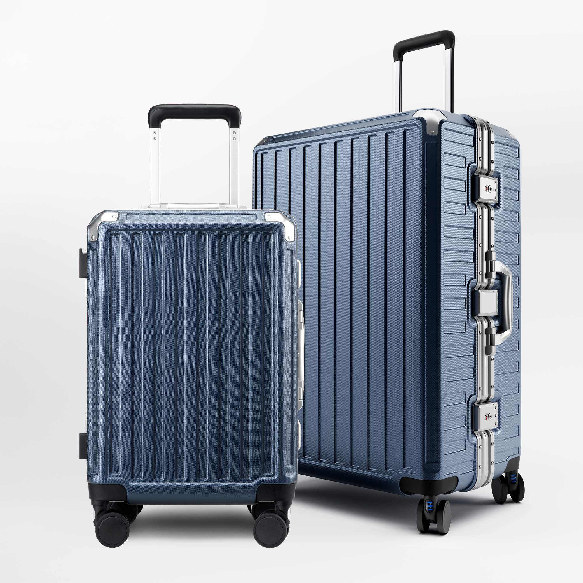 Front view of the LUGGEX ZX Series aluminum-frame zipperless luggage set featuring 20-inch carry-on and 28-inch check-in suitcases in blue, built for durability and modern travel.