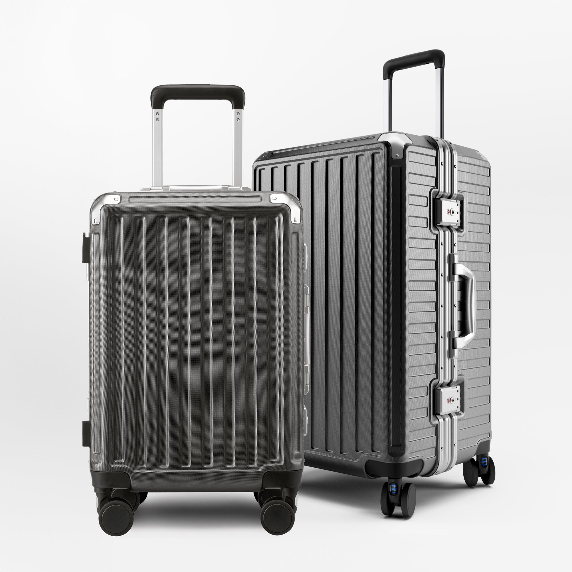 Front view of the LUGGEX ZX Series aluminum-frame zipperless luggage set featuring 20-inch carry-on and 24-inch check-in suitcases in charcoal, built for durability and modern travel.