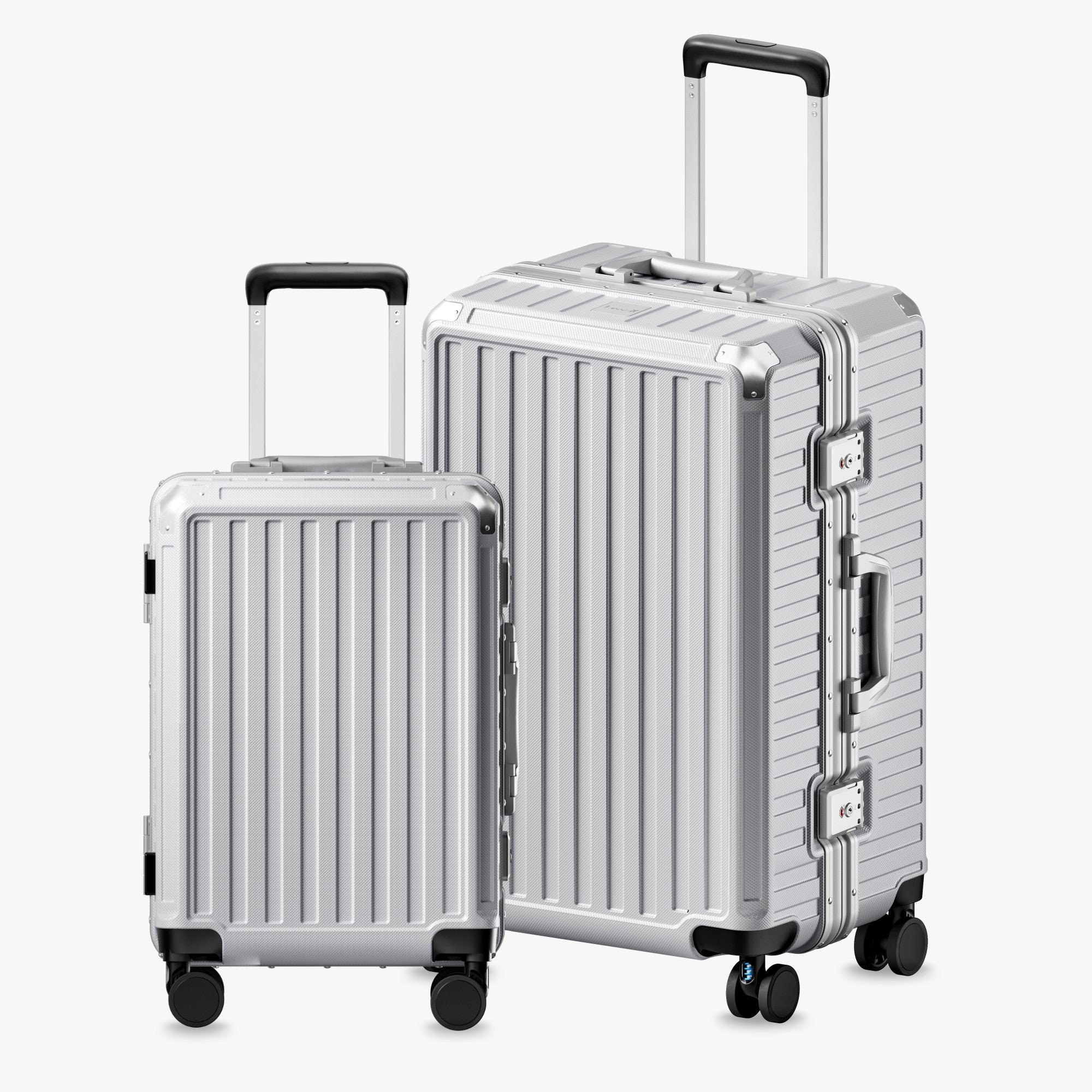 100% polycarbonate hard shell, and reinforced aluminum frame for durable protection and long-term travel use. #LUGGEX aluminum-frame zipperless luggage set with 100% polycarbonate hard shell, TSA-approved locks, and smooth spinner wheels for durable, secure travel.
#color_sliver_grey #show