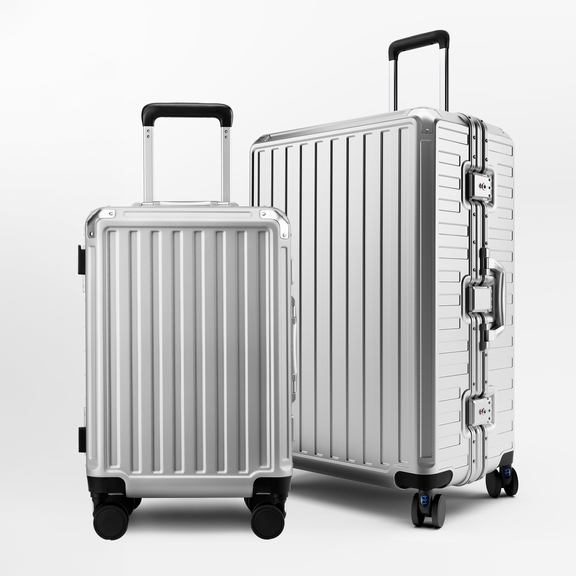 Front view of the LUGGEX ZX Series aluminum-frame zipperless luggage set featuring 20-inch carry-on and 28-inch check-in suitcases in sliver grey, built for durability and modern travel.