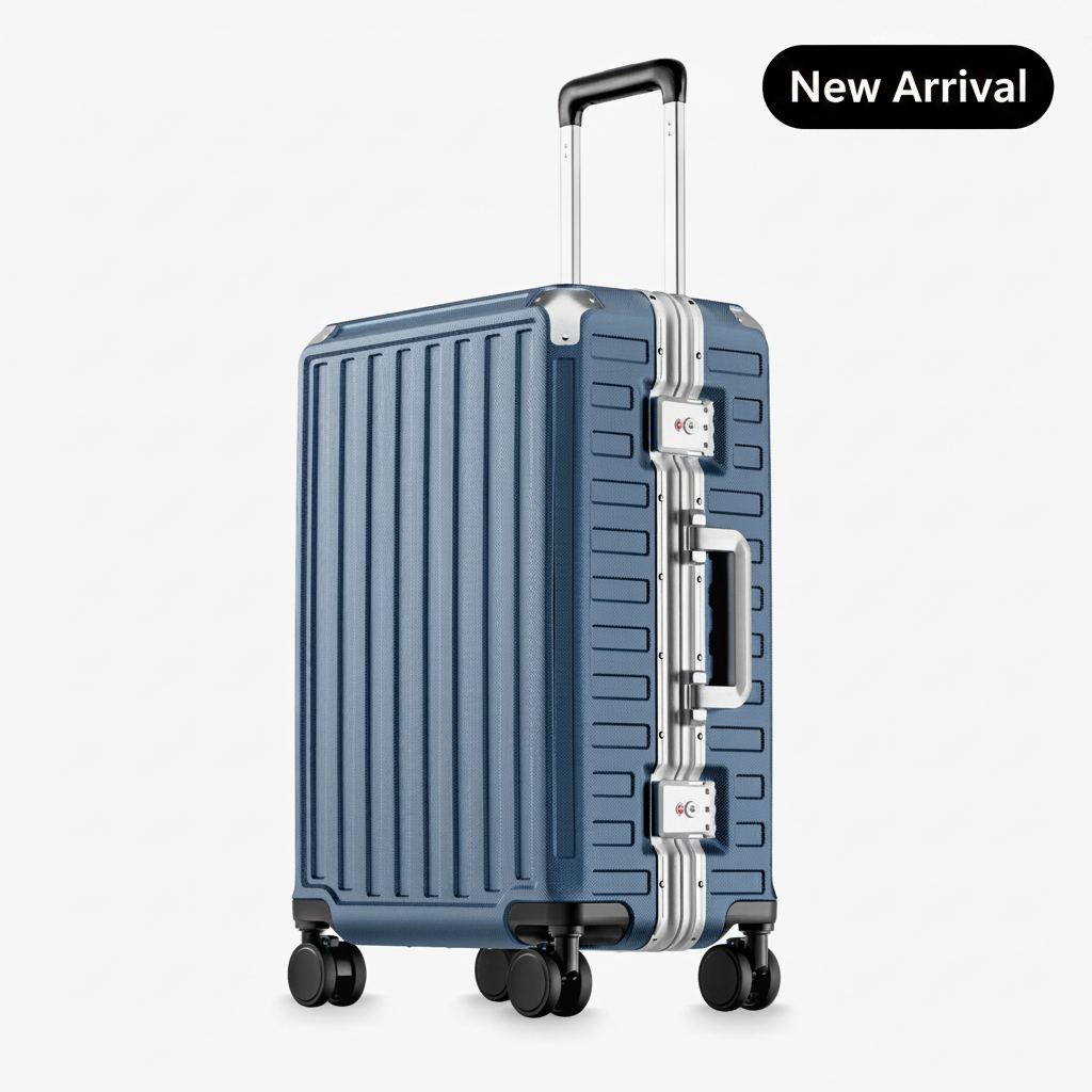 luminum frame luggage showing 100% polycarbonate shell, reinforced corner protectors, TSA-approved locks, aluminum frame structure, and 360-degree shock-absorbing spinner wheels. #color_blue