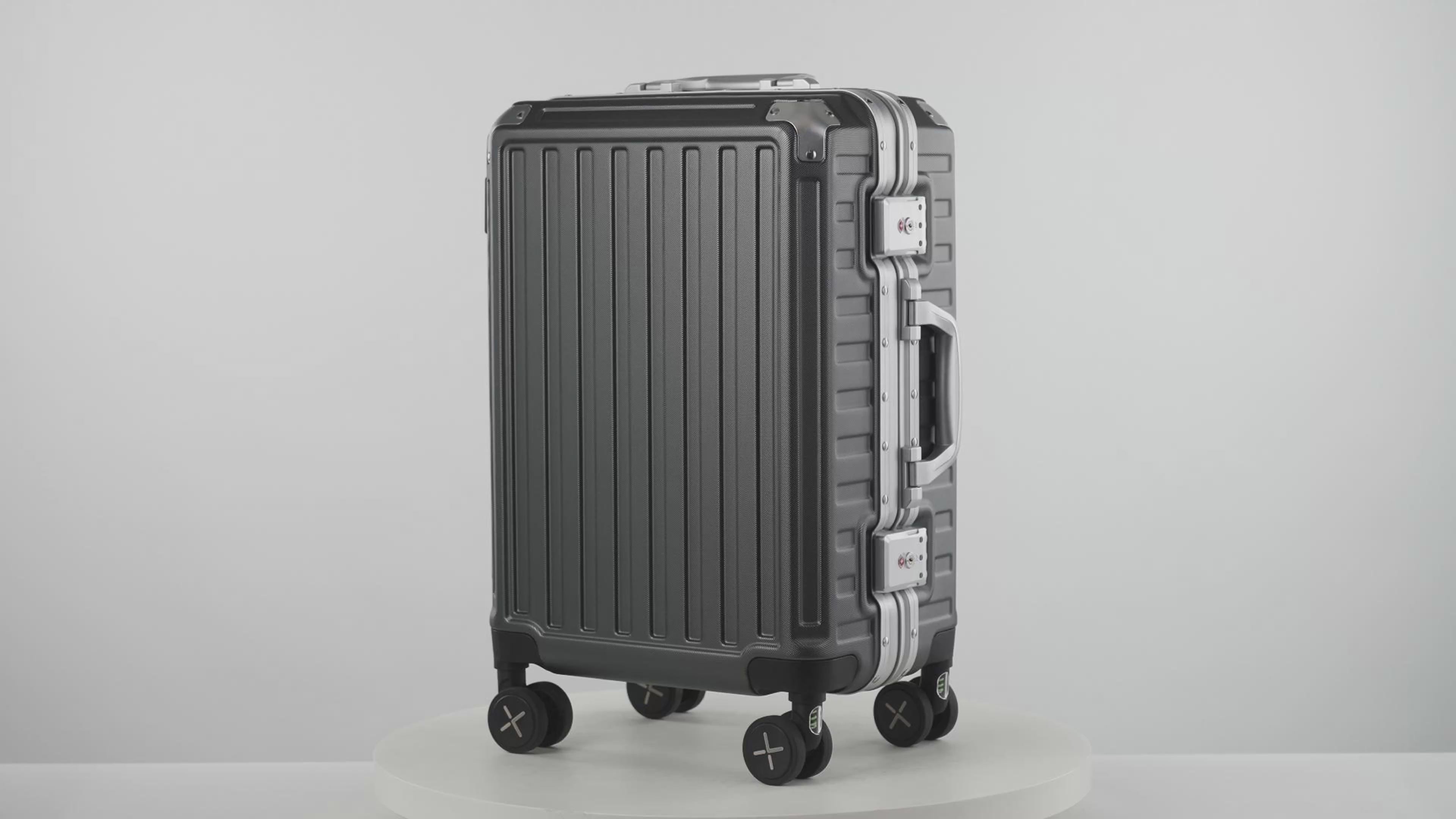 Luggex silver gray aluminum frame check-in luggage suitcase product video showing TSA lock, spinner wheels, durable frame and interior design