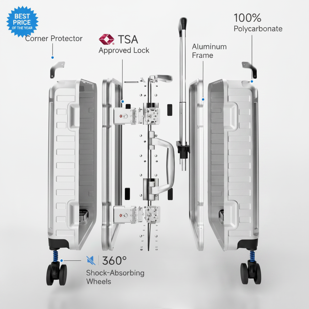 Exploded view of aluminum frame luggage showing 100% polycarbonate shell, reinforced corner protectors, TSA-approved locks, aluminum frame structure, and 360-degree shock-absorbing spinner wheels.