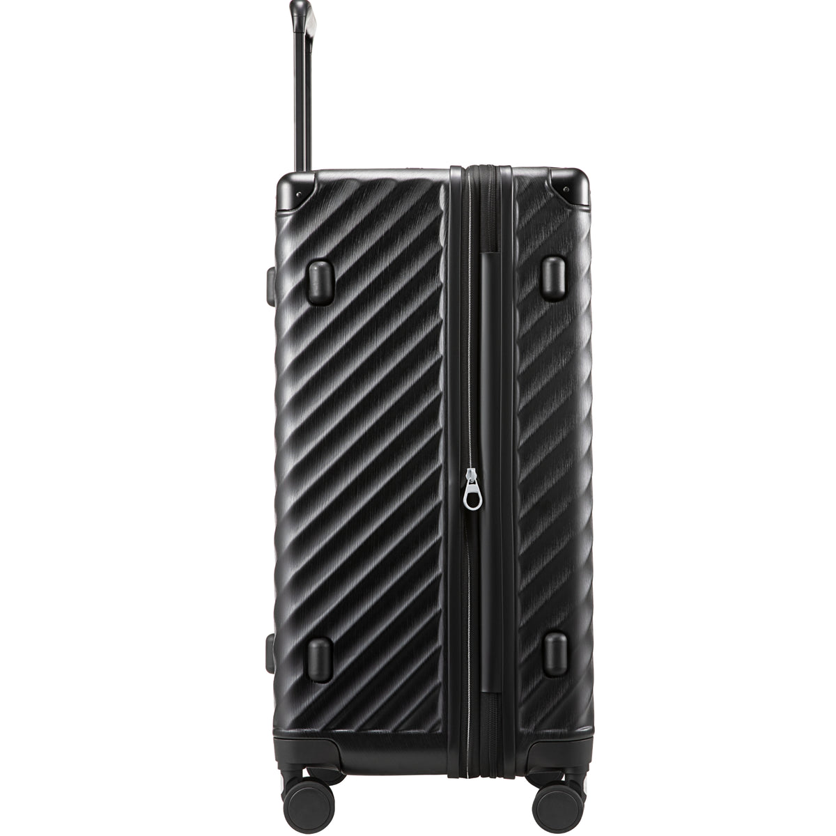 Another side view of the 30-inch expandable trunk check-in suitcase, highlighting the sleek zippered design and shock-absorbing wheels for easy travel.