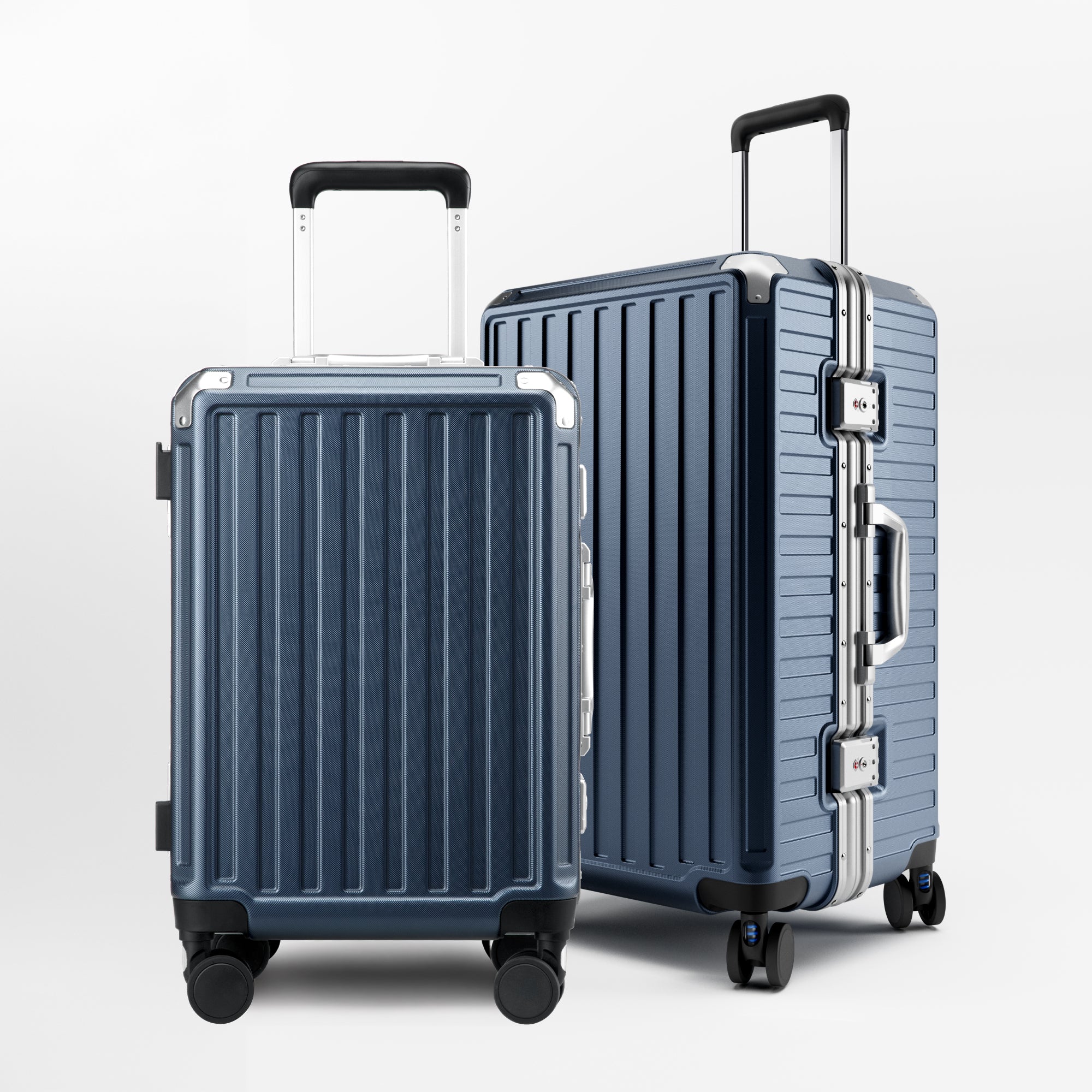 Front view of the LUGGEX ZX Series aluminum-frame zipperless luggage set featuring 20-inch carry-on and 24-inch check-in suitcases in blue, built for durability and modern travel.
