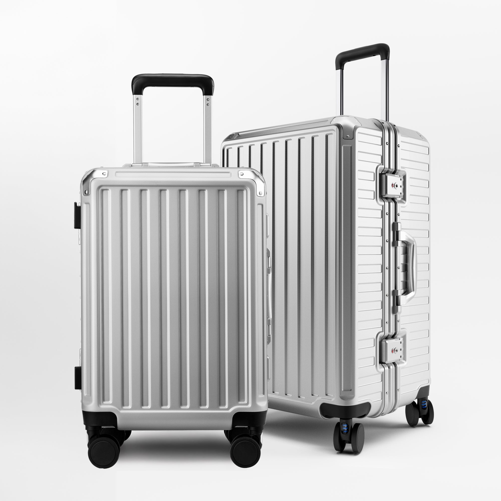 Front view of the LUGGEX ZX Series aluminum-frame zipperless luggage set featuring 20-inch carry-on and 28-inch check-in suitcases in sliver grey, built for durability and modern travel.