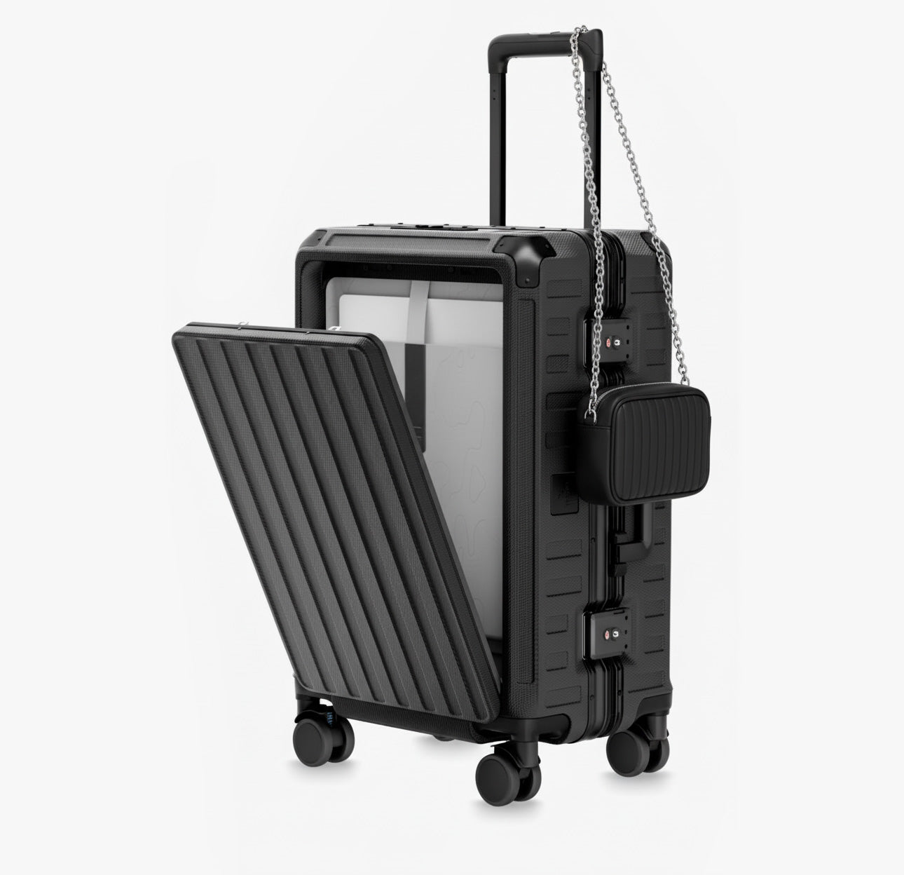 Front-open aluminum carry-on suitcase with zipperless frame, padded 16-inch laptop compartment, and removable divider for organized packing
#color_black