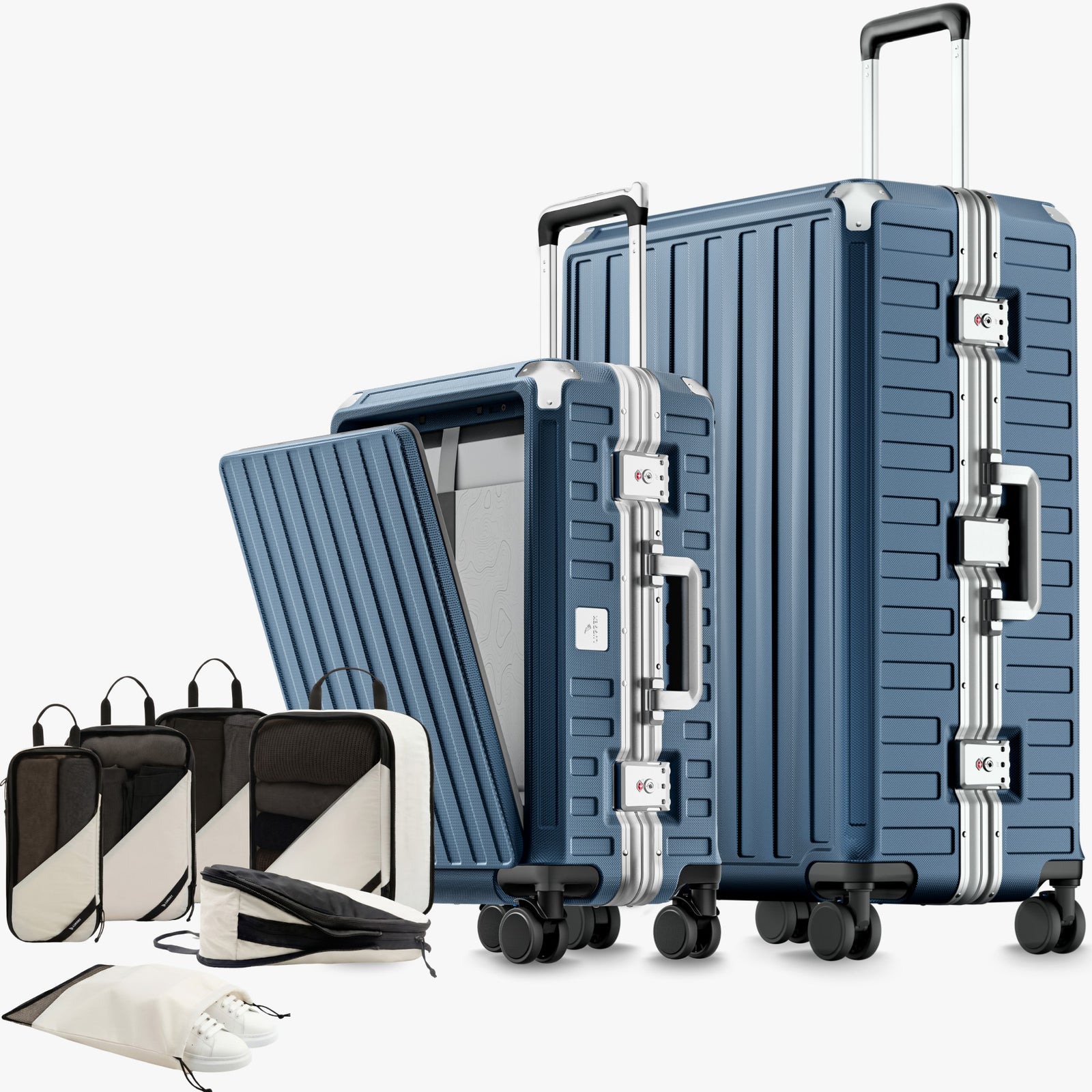 LUGGEX ZX All-in-One Carry-On in All Black — Front-Open Laptop Compartment, Aluminum Frame 100% polycarbonate hard shell, and reinforced aluminum frame for durable protection and long-term travel use. 