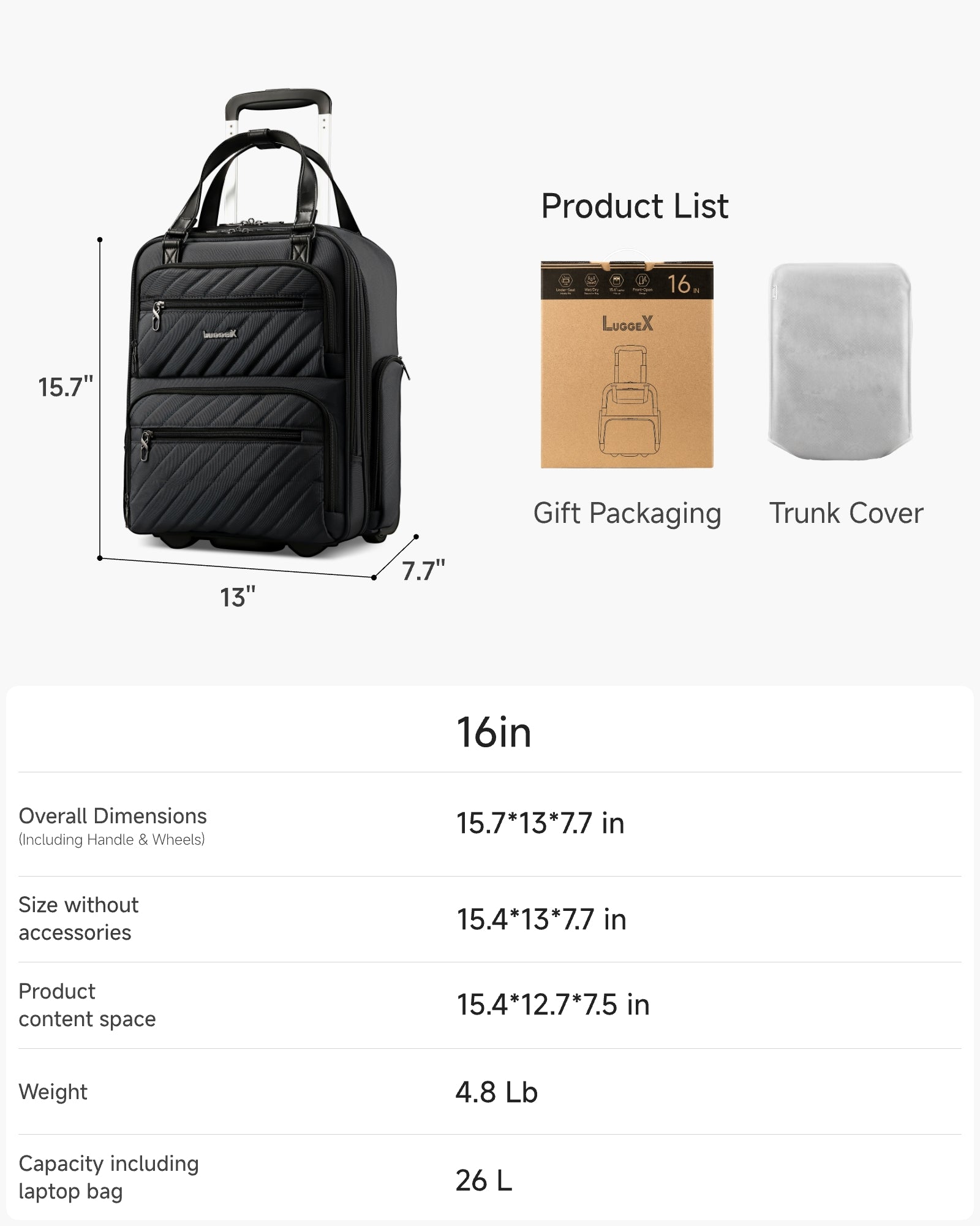 Luggex Underseat Carry On | Lightweight & Perfect for Short Trips (16 Inch) 16-Inch All Black
