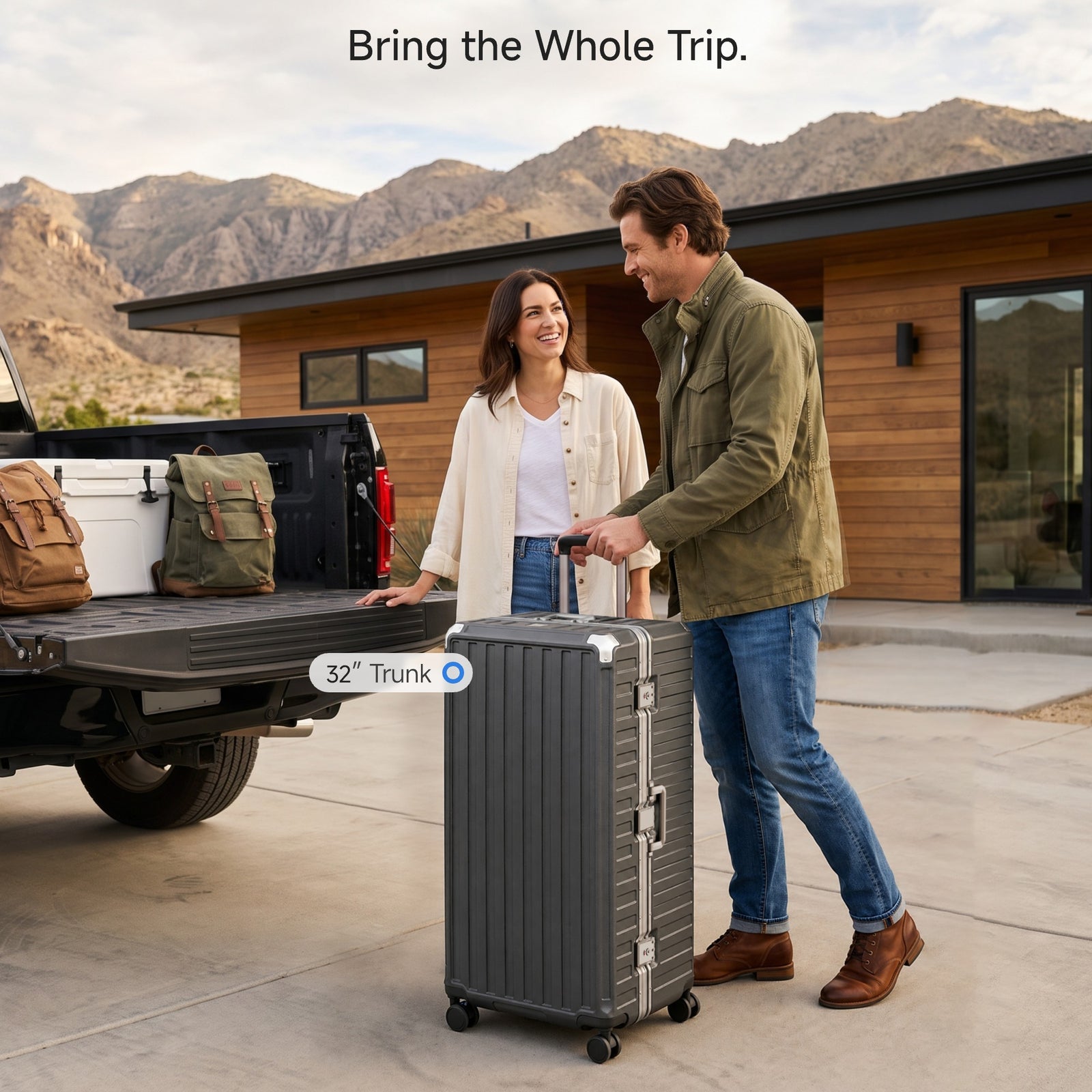 Two LUGGEX 32-inch black zipperless aluminum frame trunk luggage pieces loaded in a pickup truck bed, with a warning that 32-inch size may exceed some airline size limits.#color_charcoal #show