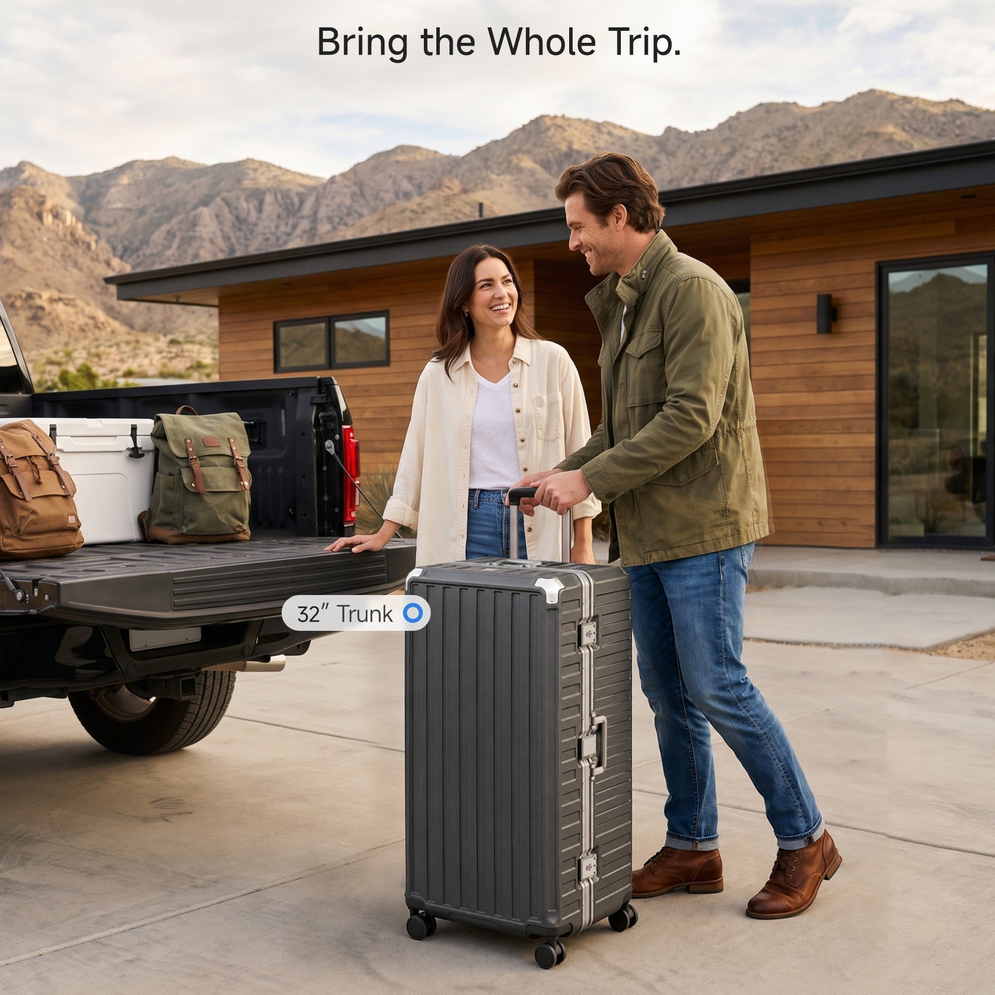 Two LUGGEX 32-inch black zipperless aluminum frame trunk luggage pieces loaded in a pickup truck bed, with a warning that 32-inch size may exceed some airline size limits.#color_charcoal #show