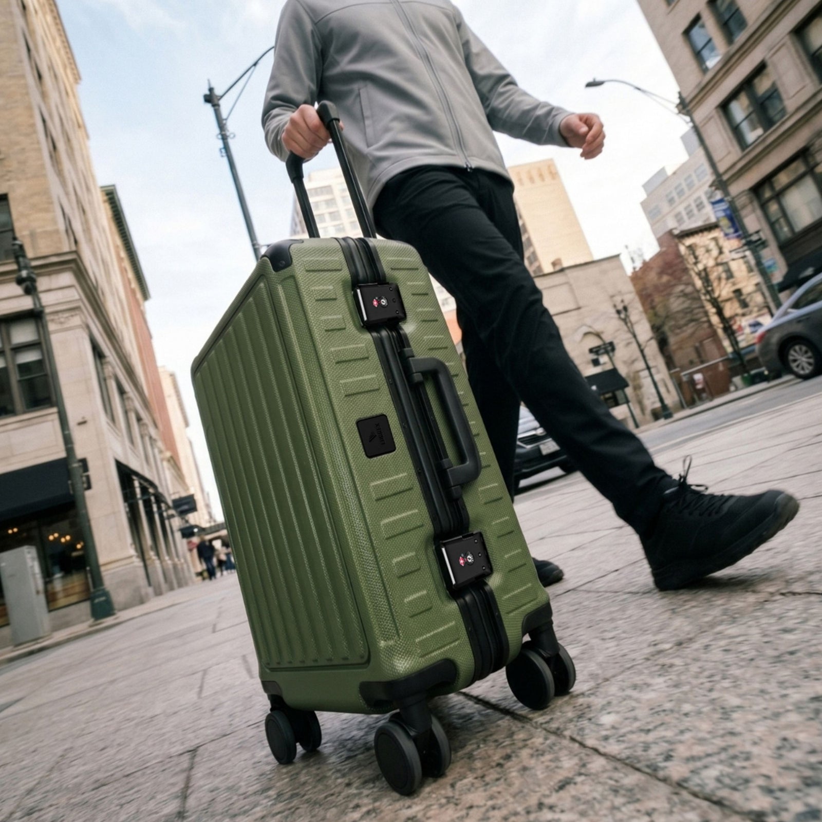 Detail view of LUGGEX ZX all-in-one aluminum carry-on featuring zipperless security lock and quick one-click opening design for fast and confident travel. #show #color_olive_green