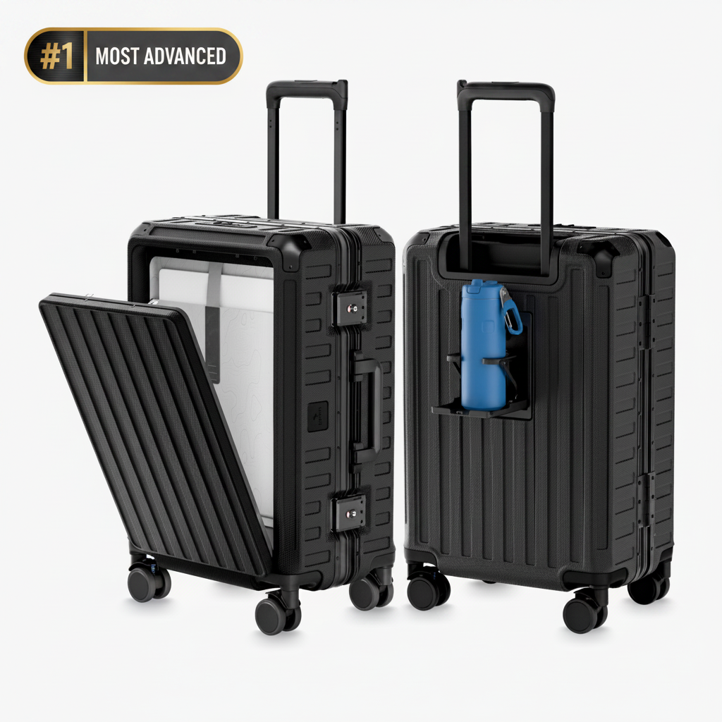 LUGGEX ZX All-in-One Carry-On in All Black — Front-Open Laptop Compartment, Aluminum Frame #color_black