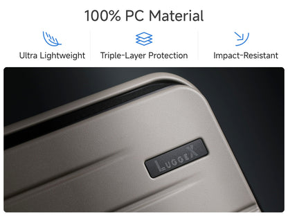 Close-up of LUGGEX FLO Lite beige carry-on luggage shell made from 100% polycarbonate with triple-layer protection and impact-resistant design
