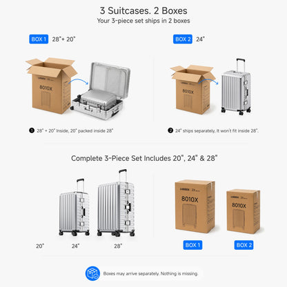 Side view of 24'' aluminum frame trunk luggage with a 4:6 trunk structure and protective foot pads that prevent scratches and wear when placed on the ground.  