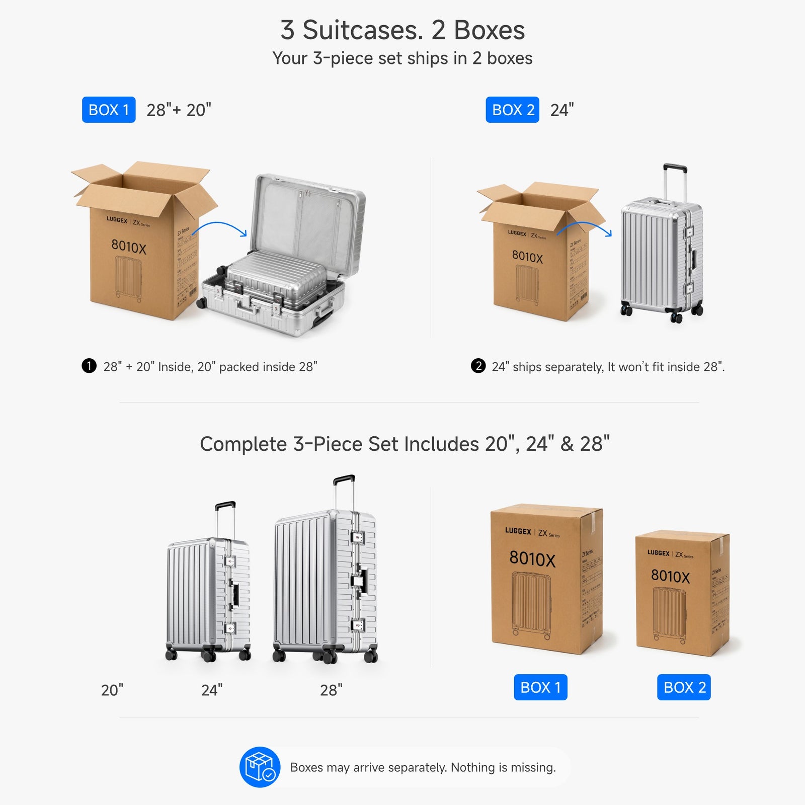 Open view of the LUGGEX 24-inch blue aluminum-frame zipperless check-in suitcase showing upgraded interior with greater flexibility, smarter organization, and a waterproof pocket.
