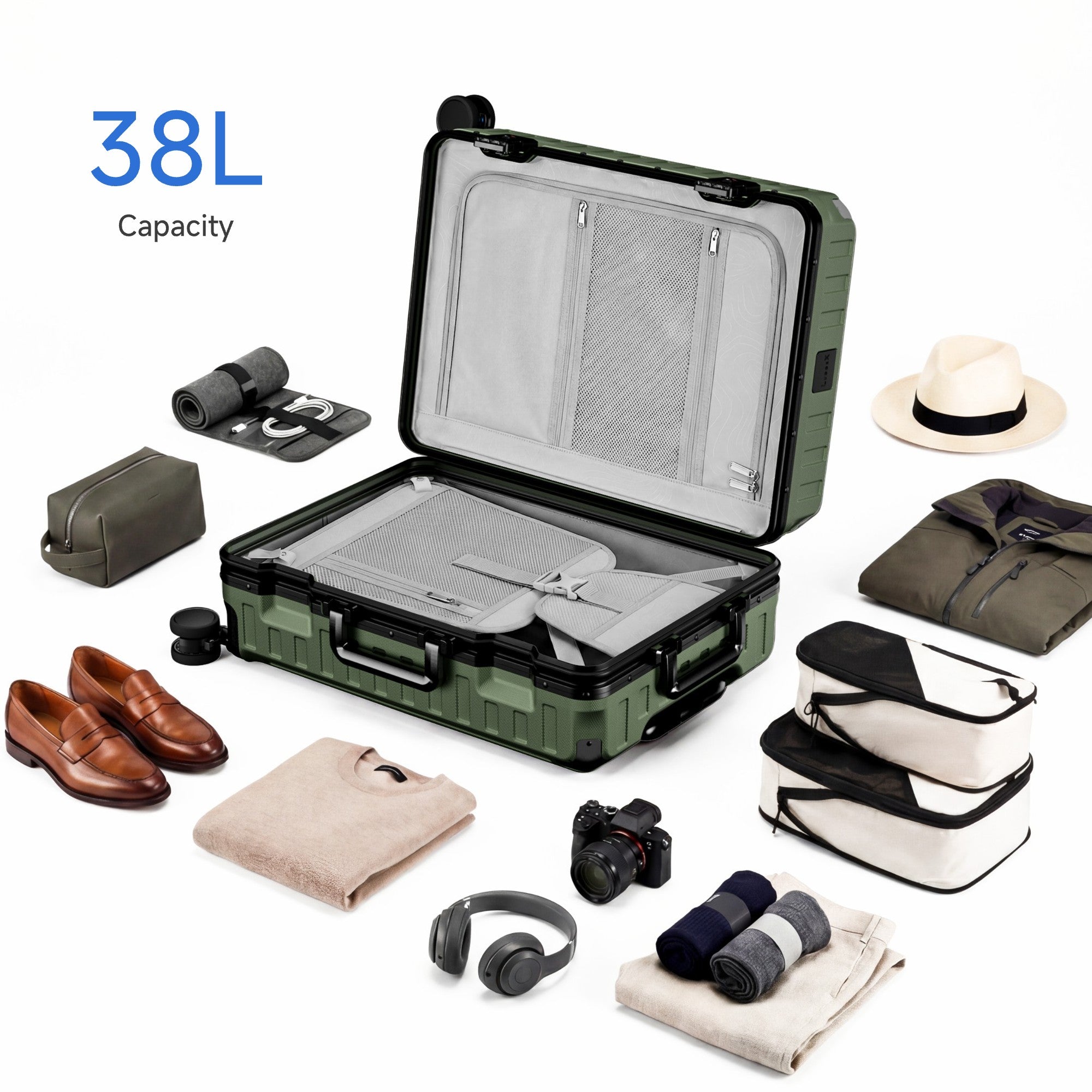 100% polycarbonate hard shell, and reinforced aluminum frame for durable protection and long-term travel use. #LUGGEX 21-inch zipperless bigger carry-on suitcase with aluminum frame and 100% polycarbonate hard shell, TSA locks, and smooth spinner wheels for durable, lightweight travel. #color_olive_green #show