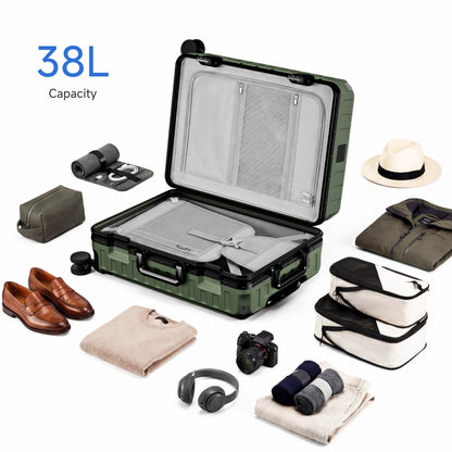 100% polycarbonate hard shell, and reinforced aluminum frame for durable protection and long-term travel use. #LUGGEX 21-inch zipperless bigger carry-on suitcase with aluminum frame and 100% polycarbonate hard shell, TSA locks, and smooth spinner wheels for durable, lightweight travel. #color_olive_green #show