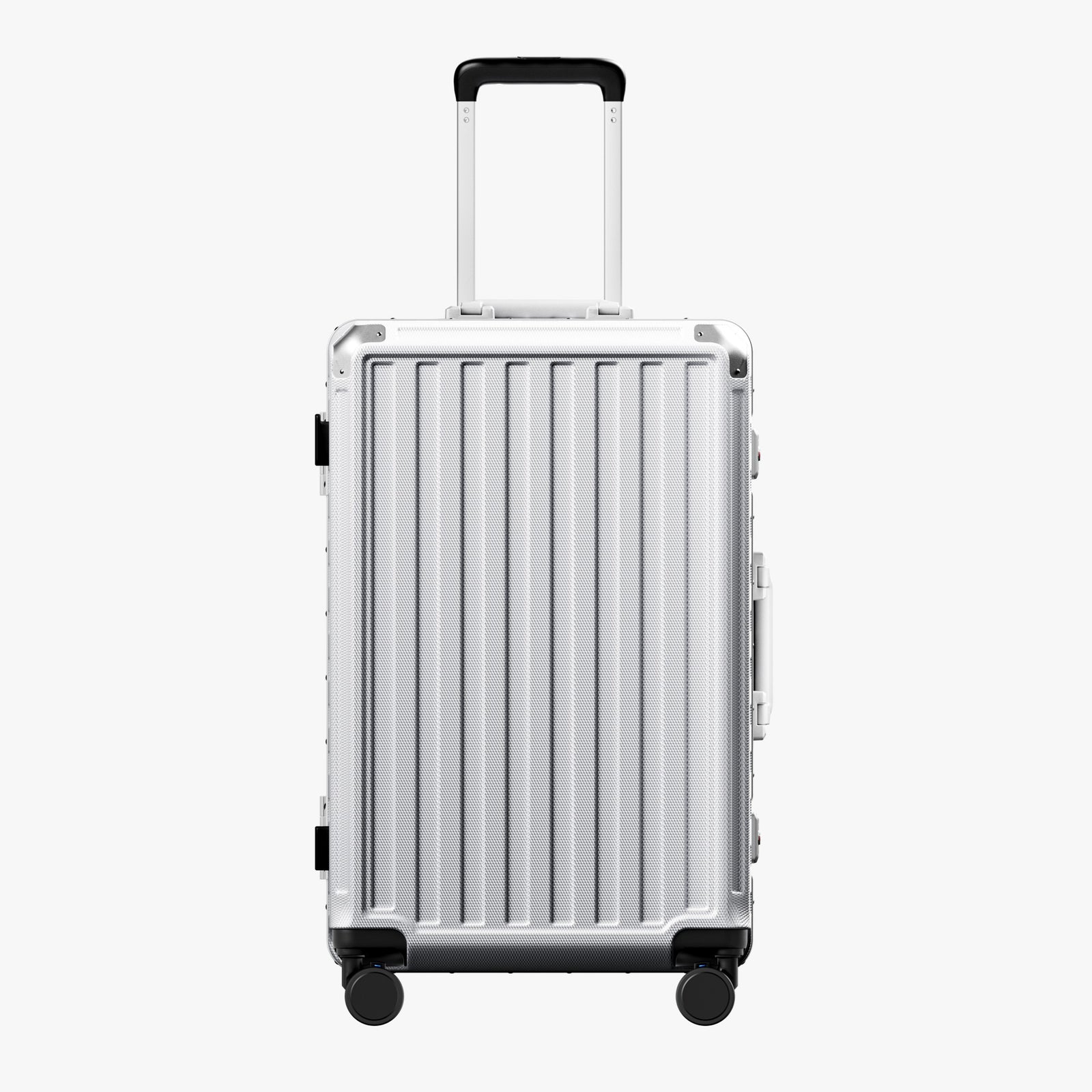 Side view of 24'' aluminum frame trunk luggage with a 4:6 trunk structure and protective foot pads that prevent scratches and wear when placed on the ground.  