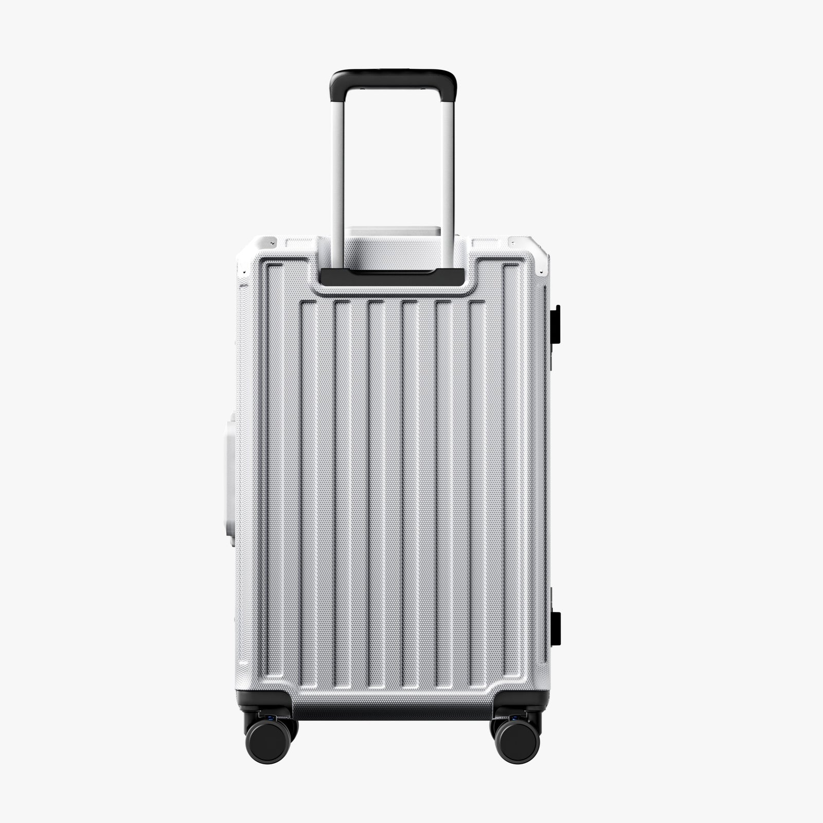 Side view of 24'' aluminum frame trunk luggage with a 4:6 trunk structure and protective foot pads that prevent scratches and wear when placed on the ground.  