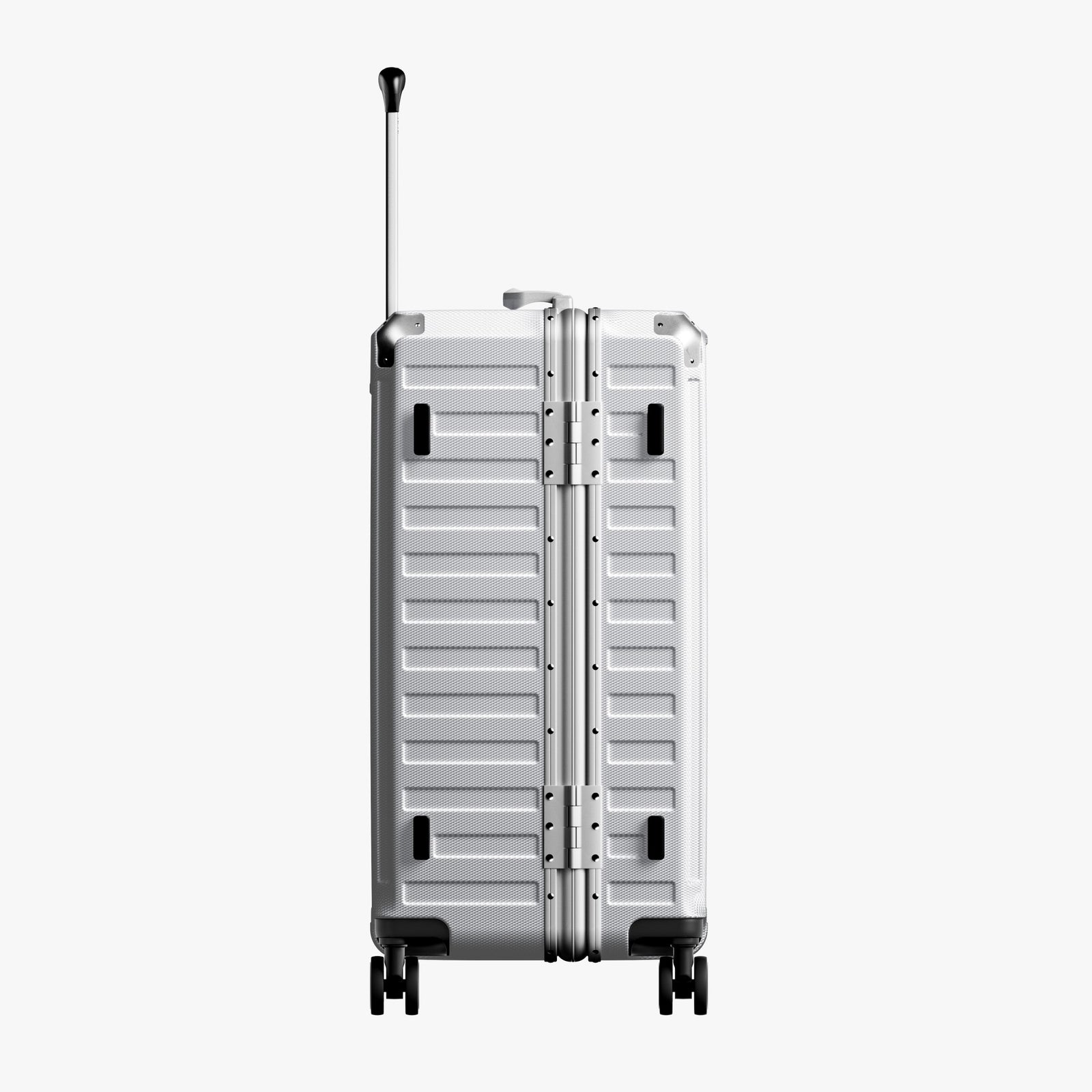 Side view of 24'' aluminum frame trunk luggage with a 4:6 trunk structure and protective foot pads that prevent scratches and wear when placed on the ground.  