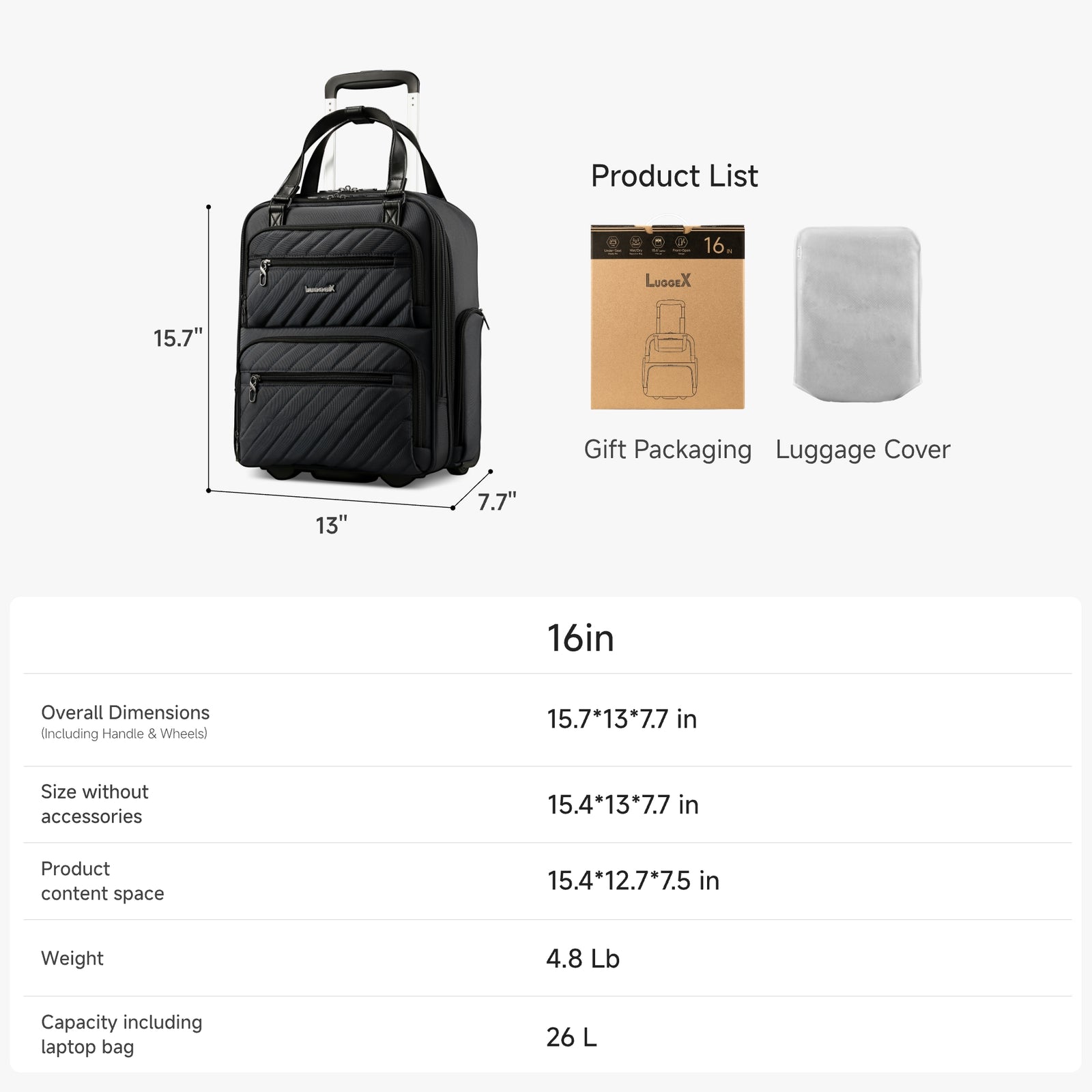 16-inch underseat carry-on luggage dimensions and specifications, showing size measurements, weight, capacity, and included accessories such as gift packaging and luggage cover. 