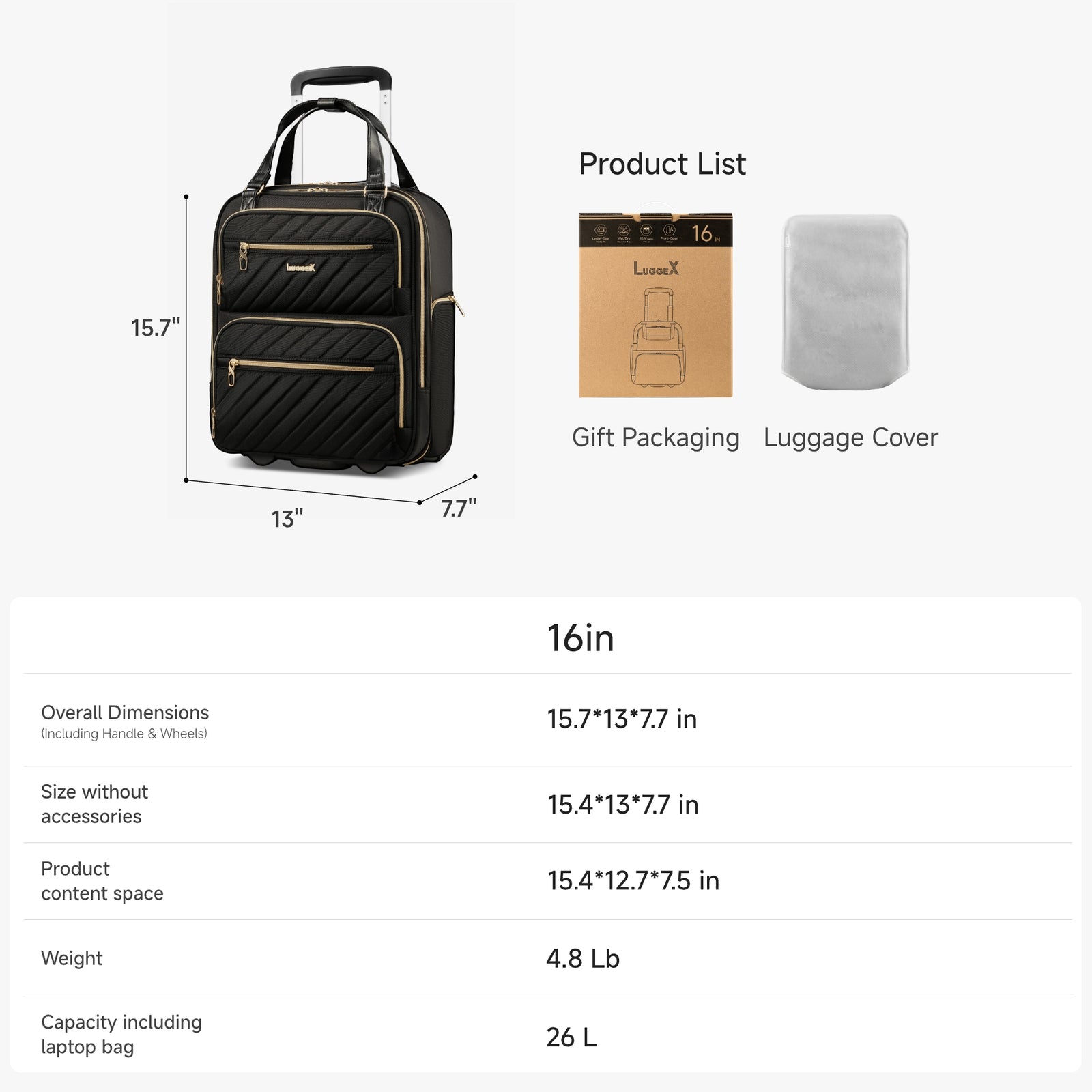 16-inch underseat carry-on luggage dimensions and specifications, showing size measurements, weight, capacity, and included accessories such as gift packaging and luggage cover. 
