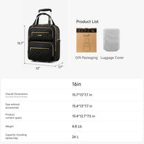 16-inch underseat carry-on luggage dimensions and specifications, showing size measurements, weight, capacity, and included accessories such as gift packaging and luggage cover. 