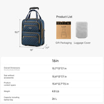 16-inch underseat carry-on luggage dimensions and specifications, showing size measurements, weight, capacity, and included accessories such as gift packaging and luggage cover. #color_blue