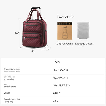 16-inch underseat carry-on luggage dimensions and specifications, showing size measurements, weight, capacity, and included accessories such as gift packaging and luggage cover. #color_cherry-red