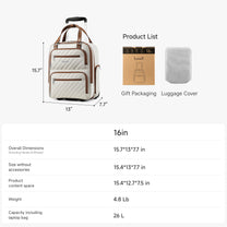 16-inch underseat carry-on luggage dimensions and specifications, showing size measurements, weight, capacity, and included accessories such as gift packaging and luggage cover. #color_cream_white