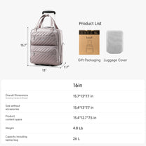 16-inch underseat carry-on luggage dimensions and specifications, showing size measurements, weight, capacity, and included accessories such as gift packaging and luggage cover. #color_grey-pink