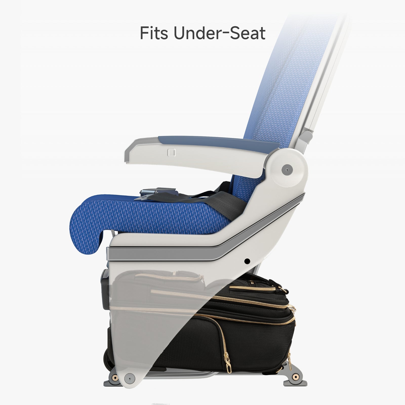 Airline-approved 16-inch underseat carry-on luggage fitting under an airplane seat, designed for compact wheeled travel. 
