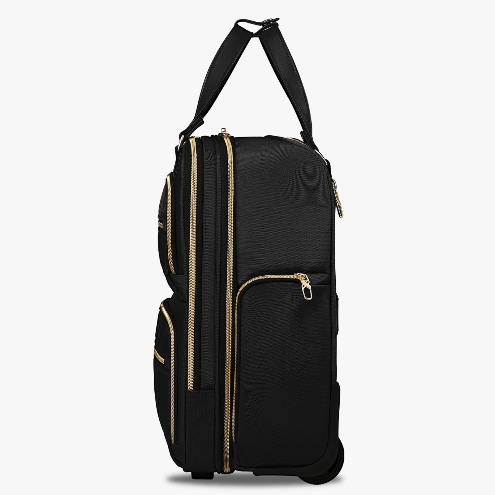 Side view of 16-inch underseat carry-on luggage with wheels, showing a slim profile, smooth-rolling wheels, and multiple zippered side pockets. 