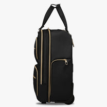 Side view of 16-inch underseat carry-on luggage with wheels, showing a slim profile, smooth-rolling wheels, and multiple zippered side pockets. 