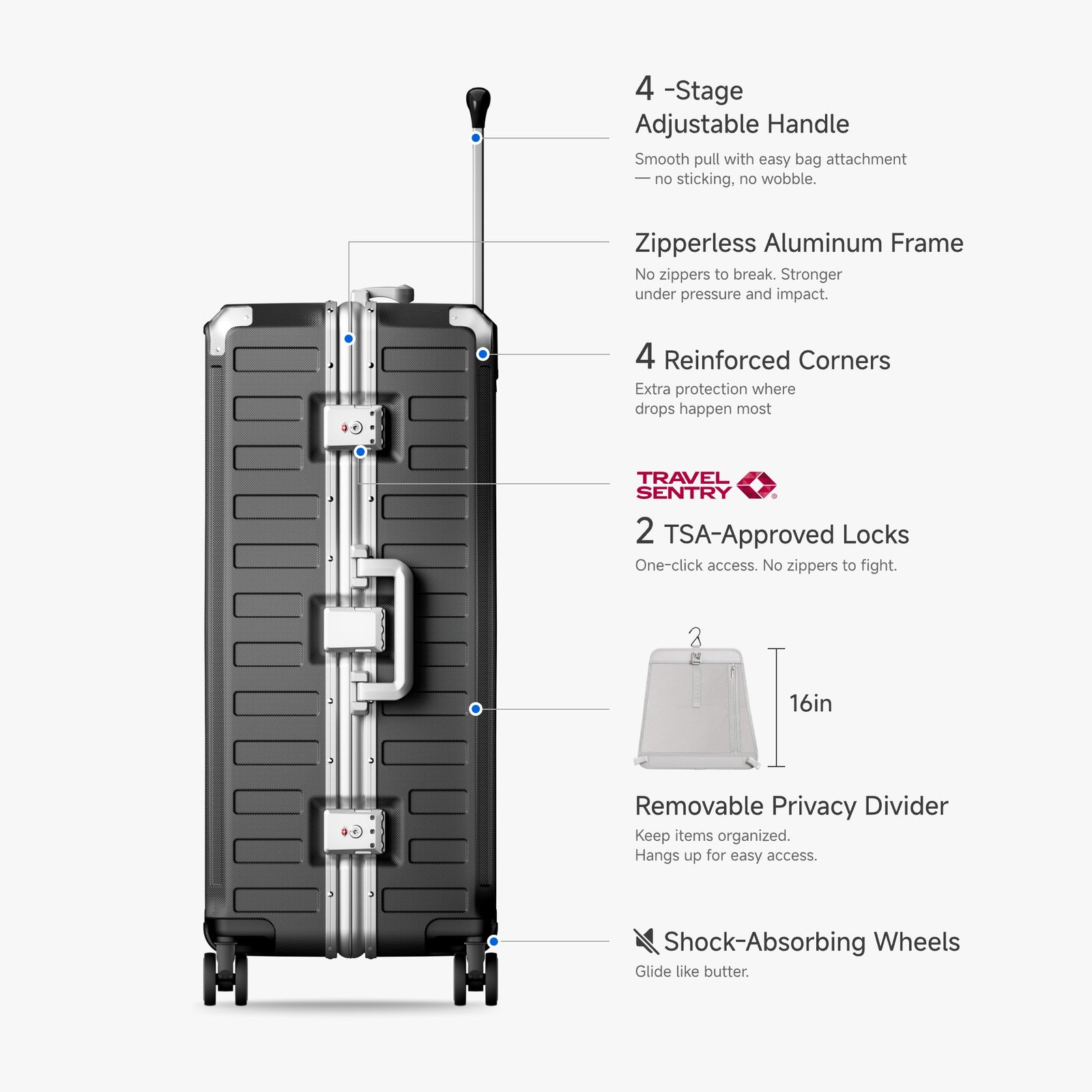 LUGGEX Zipperless aluminum 28-inch check-in luggage with a 4-stage adjustable handle, reinforced corners, dual TSA-approved locks, removable privacy divider, and shock-absorbing spinner wheels. 