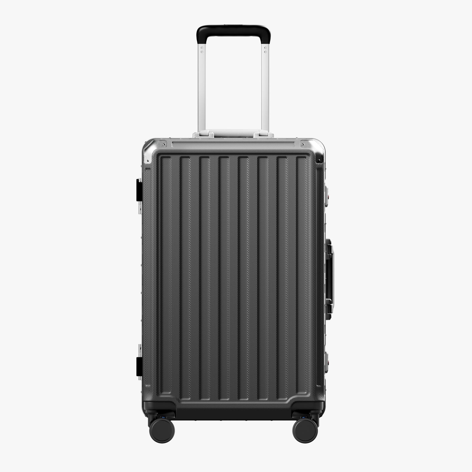 Front view of a check-in suitcase with a 100% polycarbonate shell, designed for lightweight durability and impact resistance. 