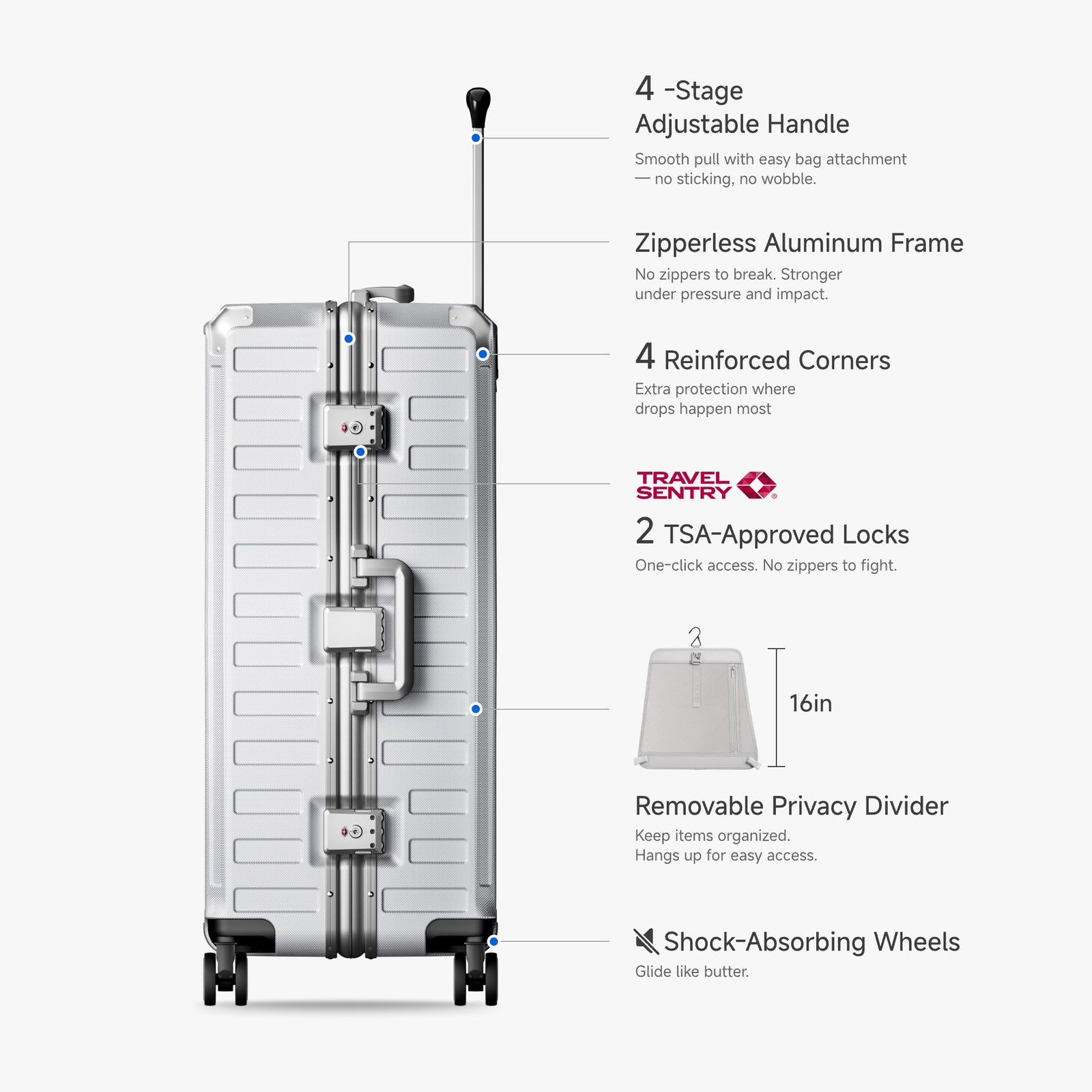 LUGGEX Zipperless aluminum 28-inch check-in luggage with a 4-stage adjustable handle, reinforced corners, dual TSA-approved locks, removable privacy divider, and shock-absorbing spinner wheels. 