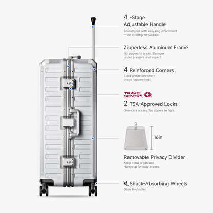 LUGGEX Zipperless aluminum 28-inch check-in luggage with a 4-stage adjustable handle, reinforced corners, dual TSA-approved locks, removable privacy divider, and shock-absorbing spinner wheels. 