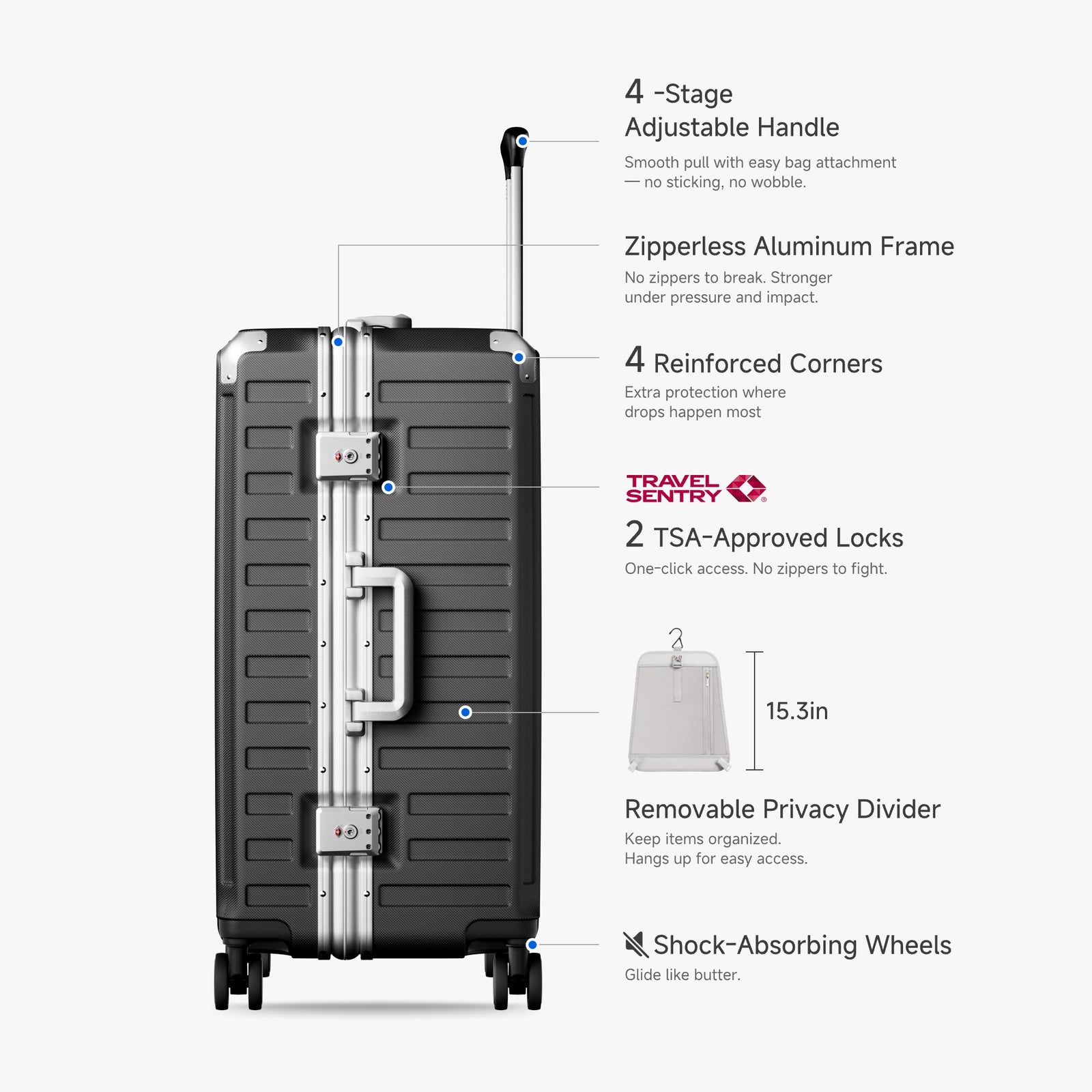 Side view of 24'' aluminum frame trunk luggage with a 4:6 trunk structure and protective foot pads that prevent scratches and wear when placed on the ground. 