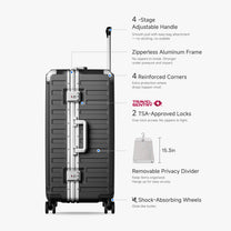 Side view of 24'' aluminum frame trunk luggage with a 4:6 trunk structure and protective foot pads that prevent scratches and wear when placed on the ground. 