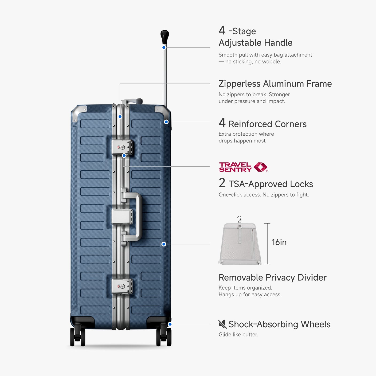 LUGGEX Zipperless aluminum 28-inch check-in luggage with a 4-stage adjustable handle, reinforced corners, dual TSA-approved locks, removable privacy divider, and shock-absorbing spinner wheels. 