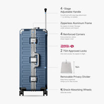 LUGGEX Zipperless aluminum 28-inch check-in luggage with a 4-stage adjustable handle, reinforced corners, dual TSA-approved locks, removable privacy divider, and shock-absorbing spinner wheels. 