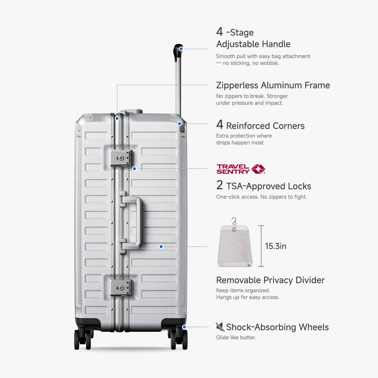Side view of 24'' aluminum frame trunk luggage with a 4:6 trunk structure and protective foot pads that prevent scratches and wear when placed on the ground.  