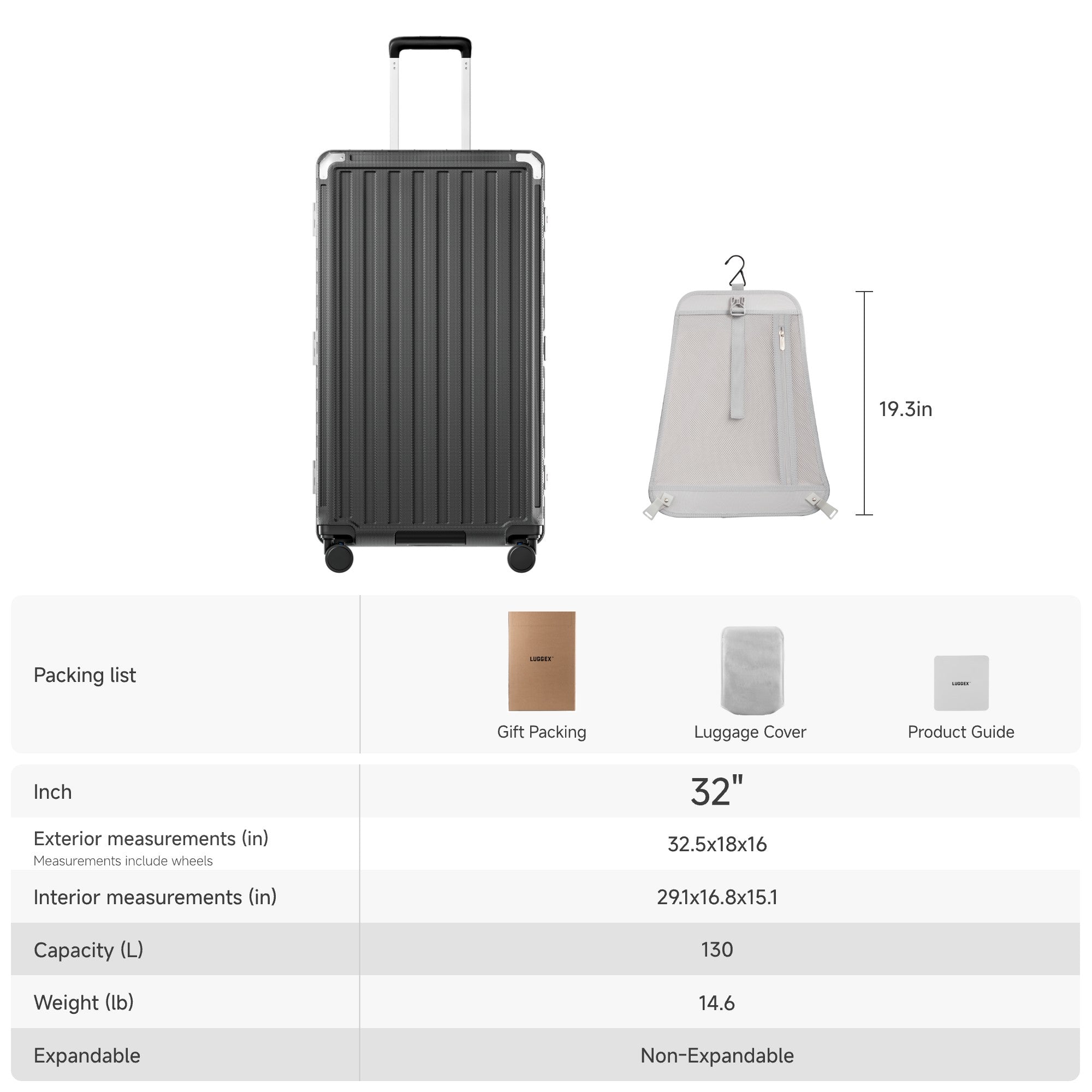 LUGGEX 28-inch aluminum frame check-in luggage size and capacity overview, showing exterior and interior dimensions, 103L capacity, non-expandable design, and removable privacy divider. #color_charcoal