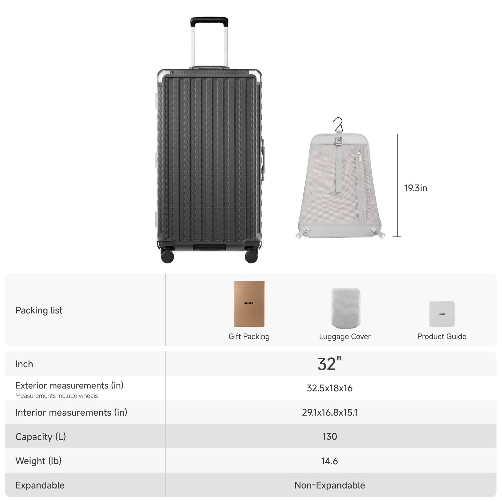 LUGGEX 28-inch aluminum frame check-in luggage size and capacity overview, showing exterior and interior dimensions, 103L capacity, non-expandable design, and removable privacy divider. #color_charcoal